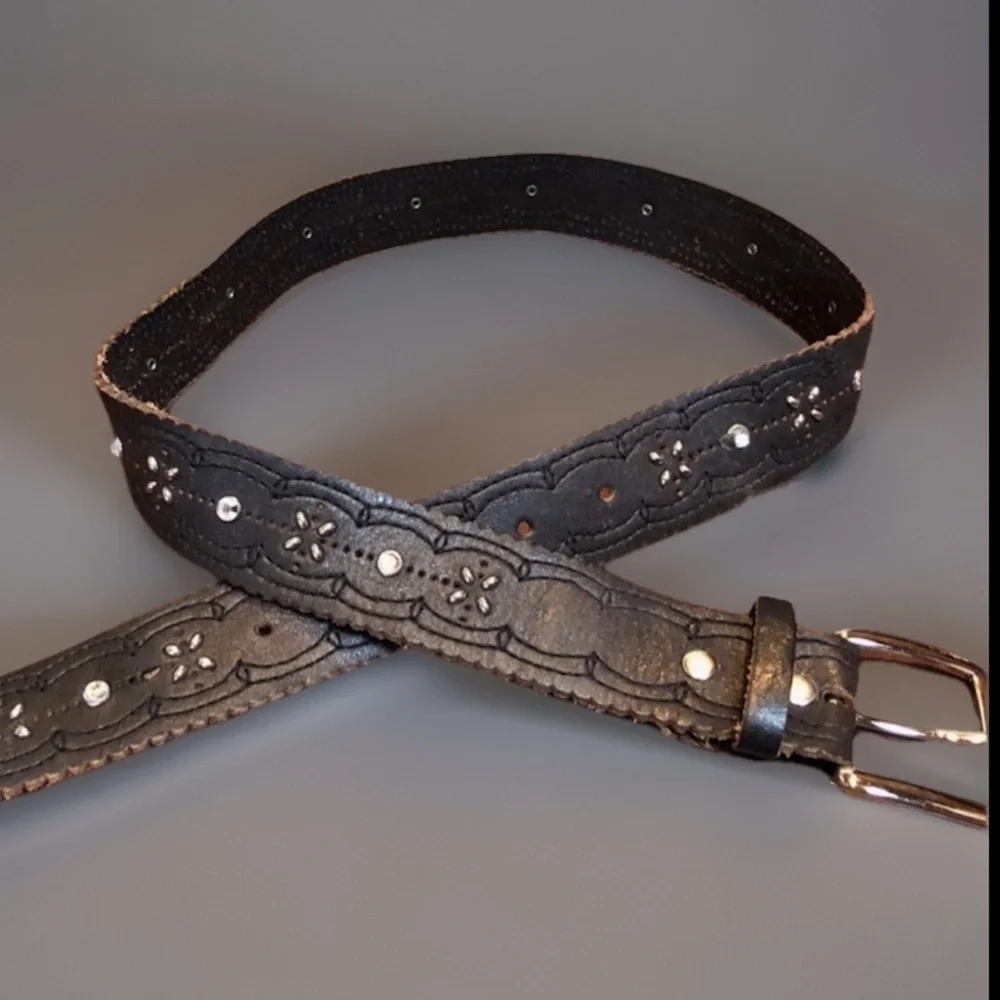 VINTAGE Boho Rocker CHIC Black Silver Studded Gem Layering Belt S/M